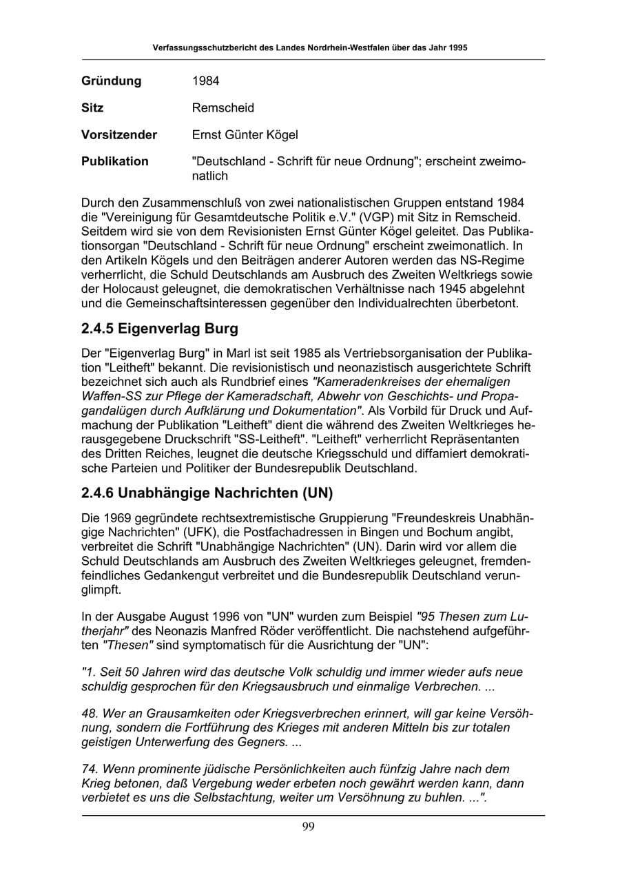 Seite 99 des Verfassungsschutzbericht 1996 Nordrhein-Westfalen