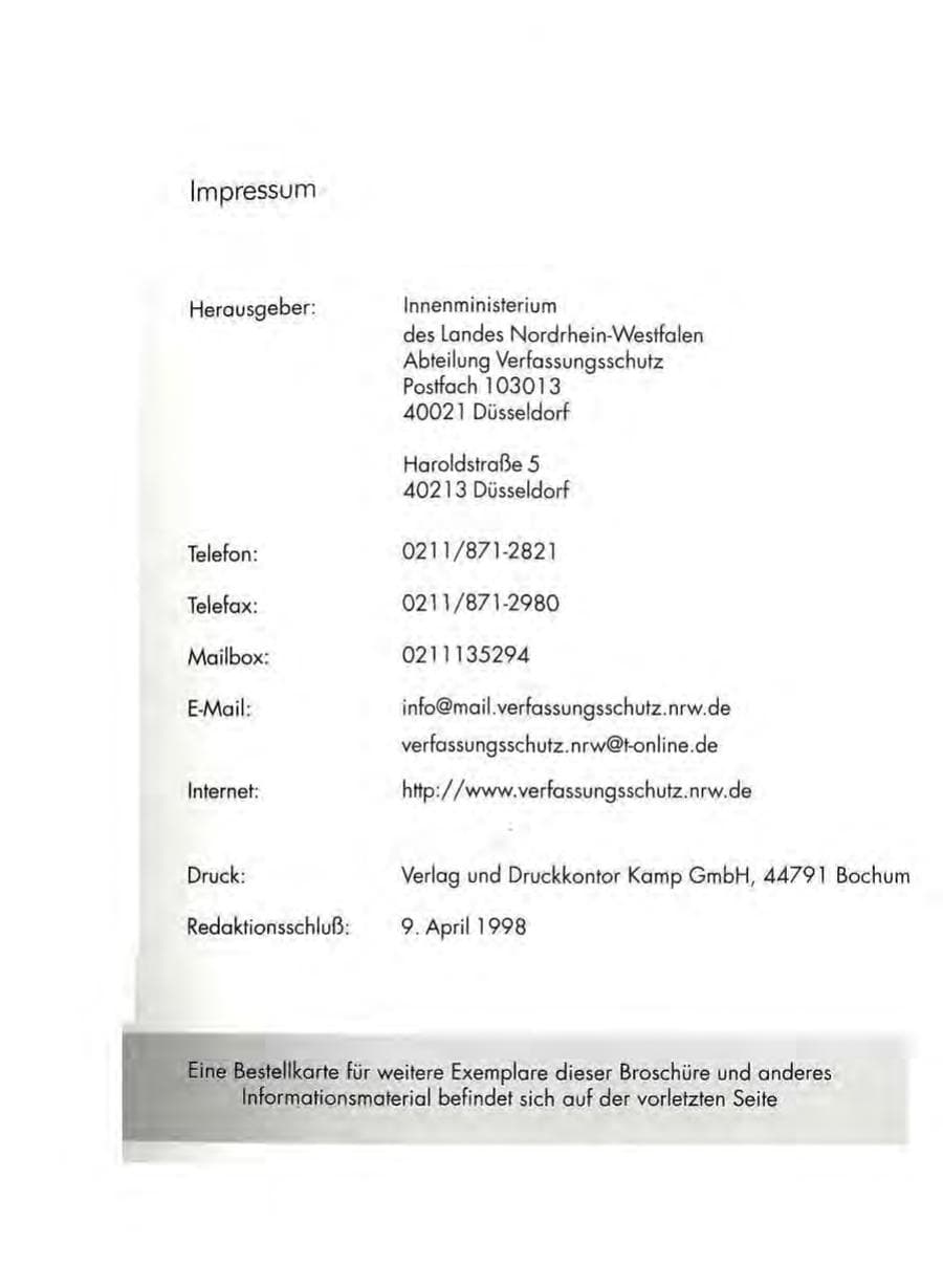 Seite 2 des Verfassungsschutzbericht 1997 Nordrhein-Westfalen