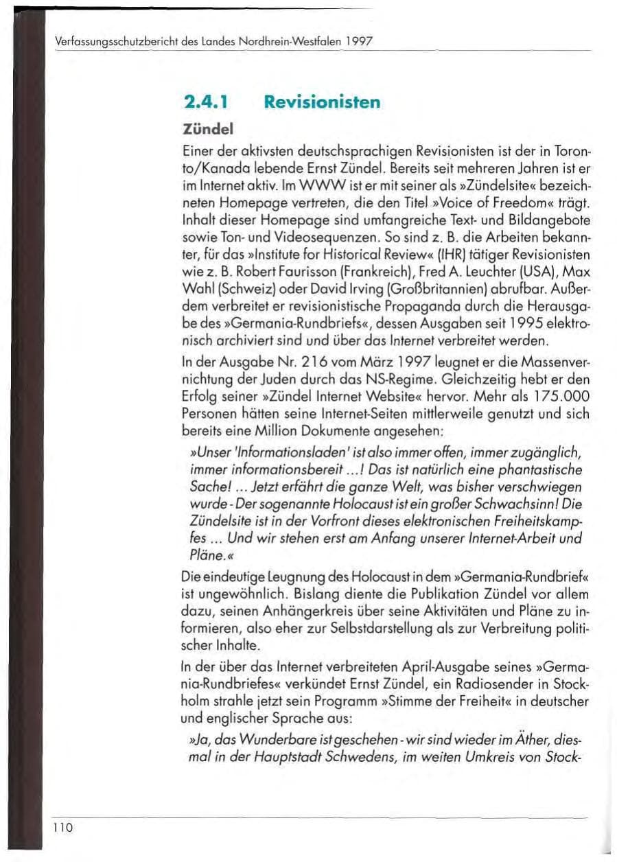 Seite 112 des Verfassungsschutzbericht 1997 Nordrhein-Westfalen