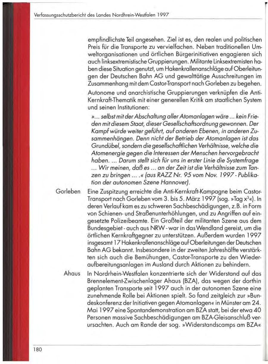 Seite 182 des Verfassungsschutzbericht 1997 Nordrhein-Westfalen