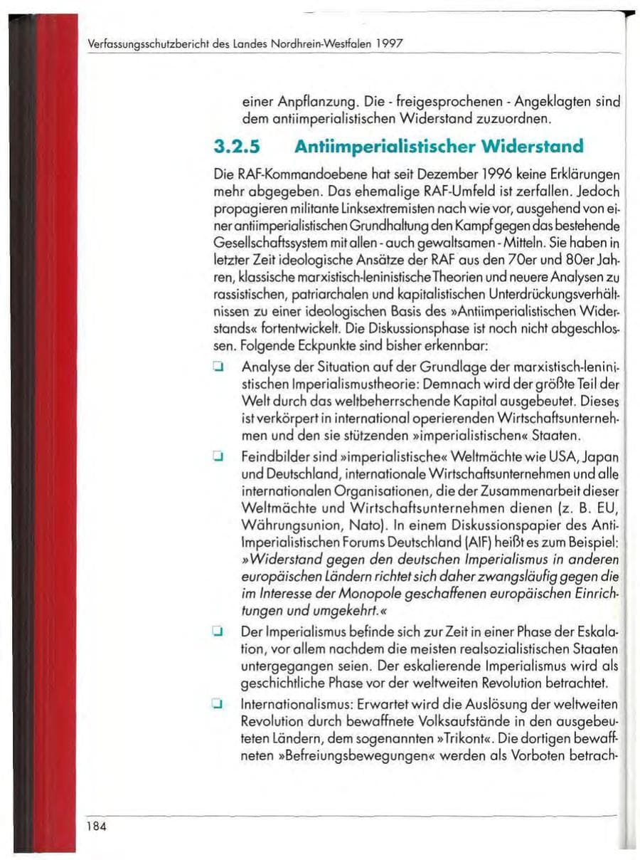 Seite 186 des Verfassungsschutzbericht 1997 Nordrhein-Westfalen
