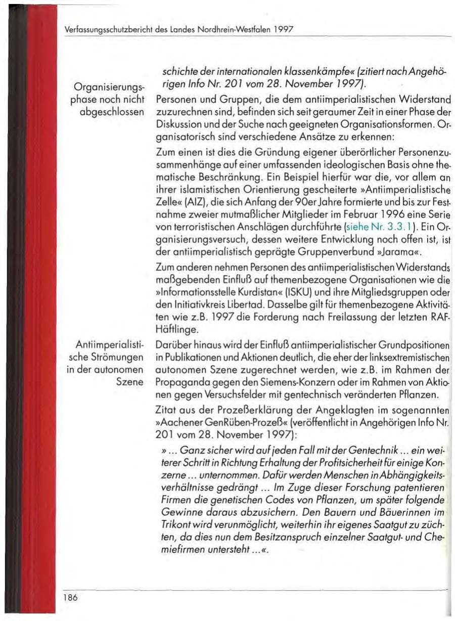 Seite 188 des Verfassungsschutzbericht 1997 Nordrhein-Westfalen