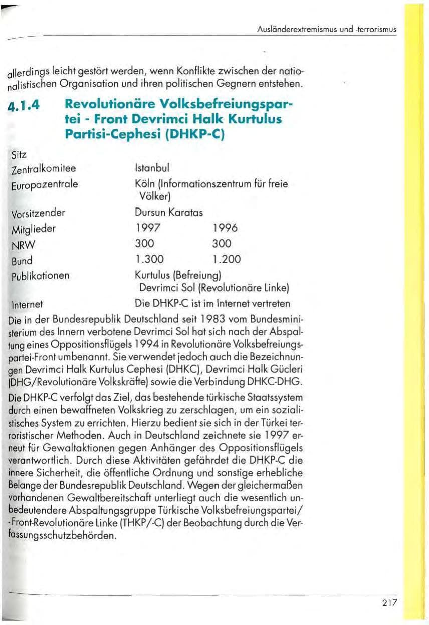 Seite 219 des Verfassungsschutzbericht 1997 Nordrhein-Westfalen