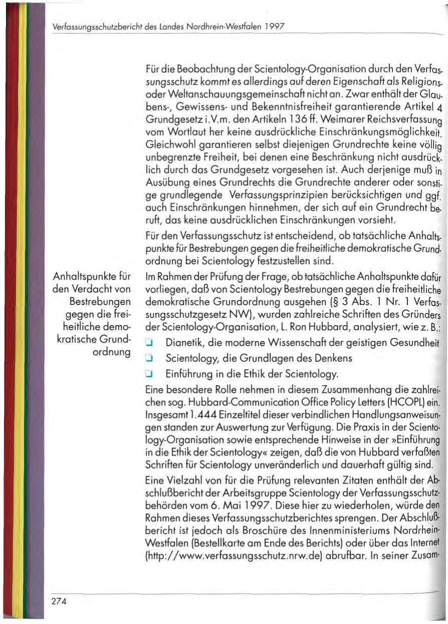 Seite 276 des Verfassungsschutzbericht 1997 Nordrhein-Westfalen
