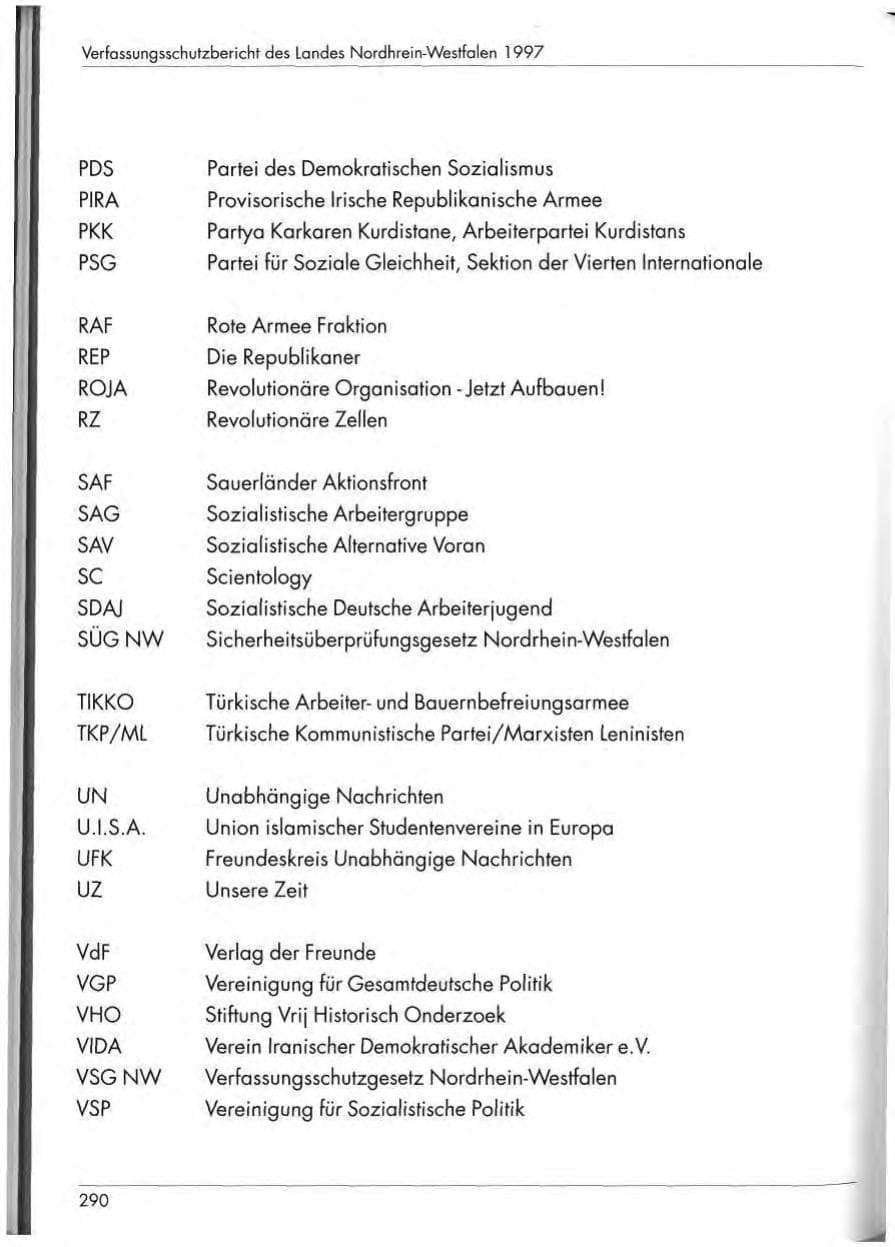 Seite 292 des Verfassungsschutzbericht 1997 Nordrhein-Westfalen