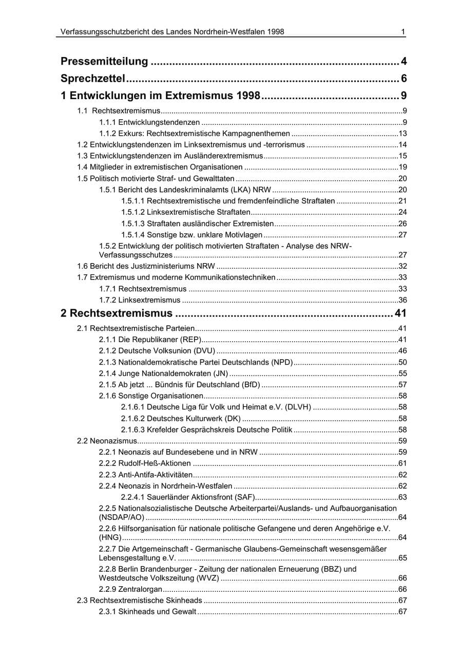 Seite 1 des Verfassungsschutzbericht 1998 Nordrhein-Westfalen