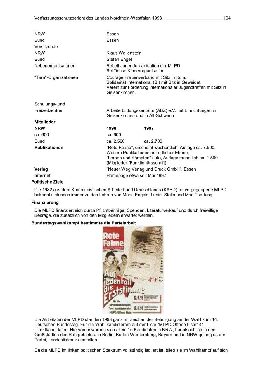 Seite 104 des Verfassungsschutzbericht 1998 Nordrhein-Westfalen