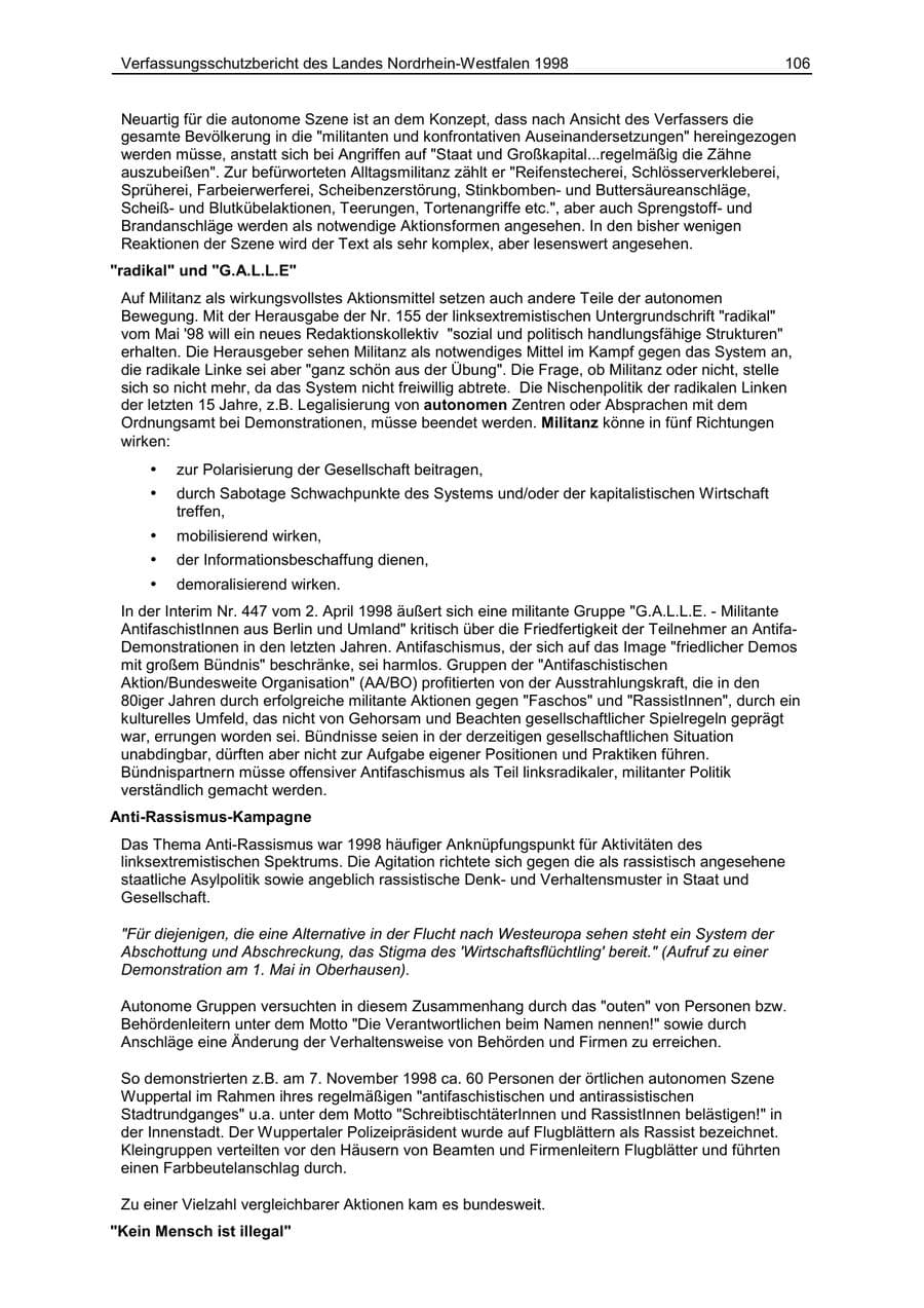 Seite 106 des Verfassungsschutzbericht 1998 Nordrhein-Westfalen