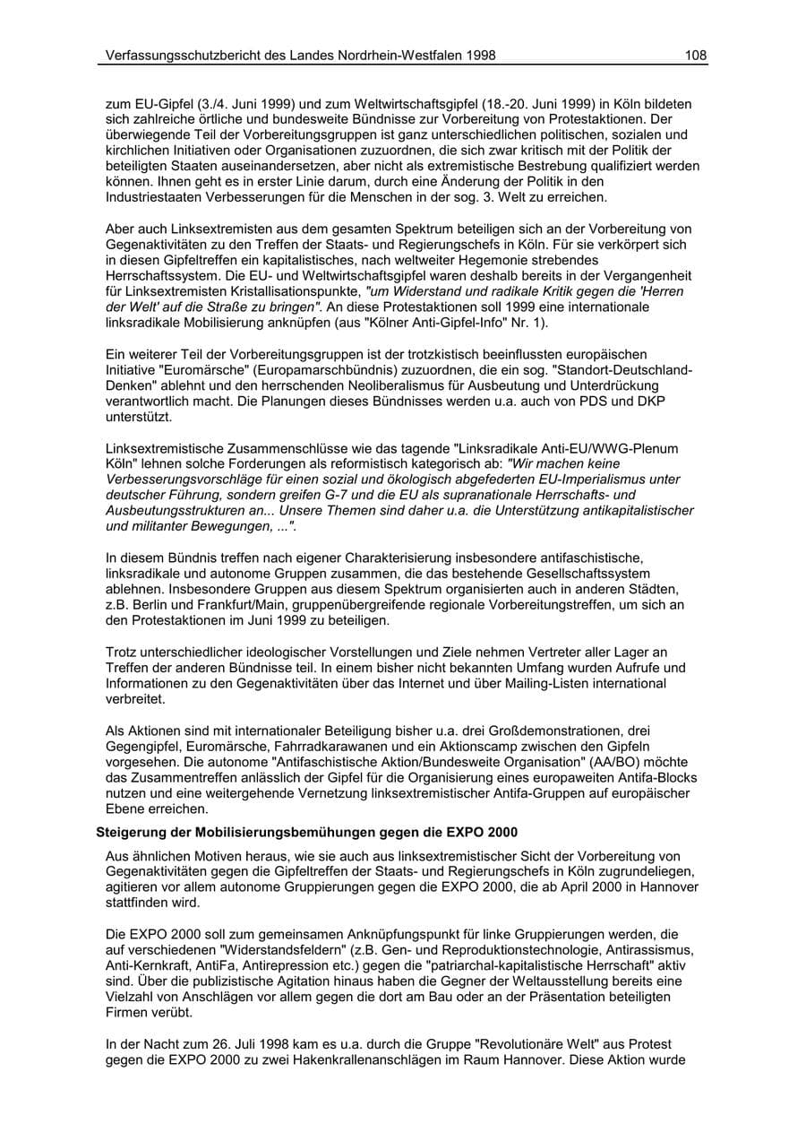 Seite 108 des Verfassungsschutzbericht 1998 Nordrhein-Westfalen