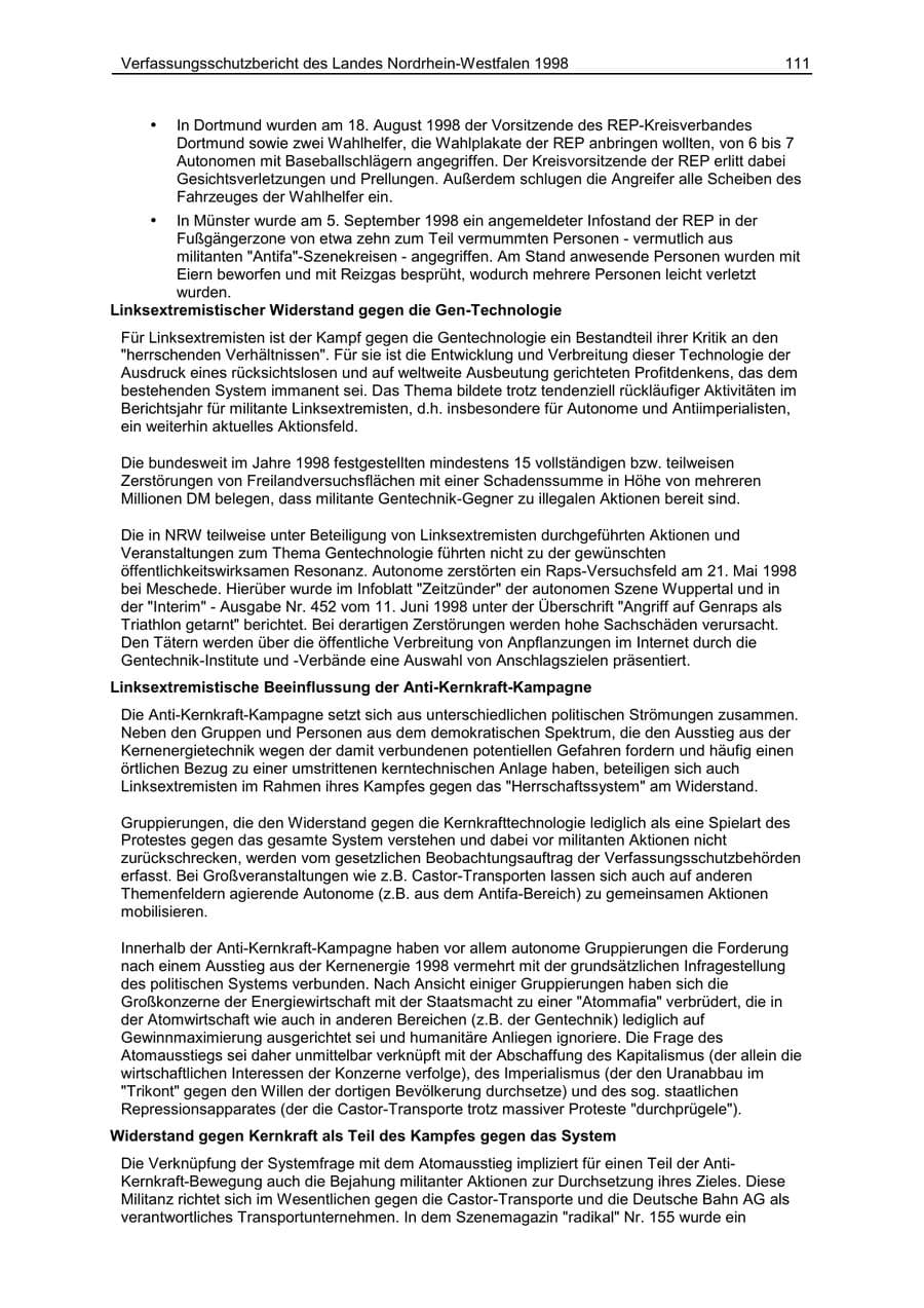 Seite 111 des Verfassungsschutzbericht 1998 Nordrhein-Westfalen