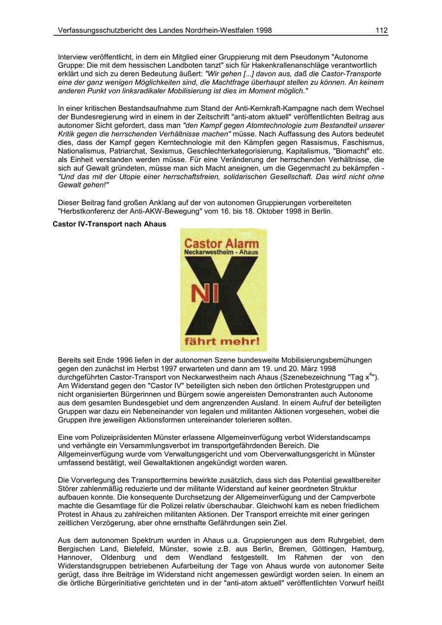 Seite 112 des Verfassungsschutzbericht 1998 Nordrhein-Westfalen