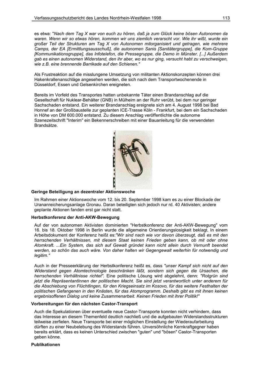 Seite 113 des Verfassungsschutzbericht 1998 Nordrhein-Westfalen