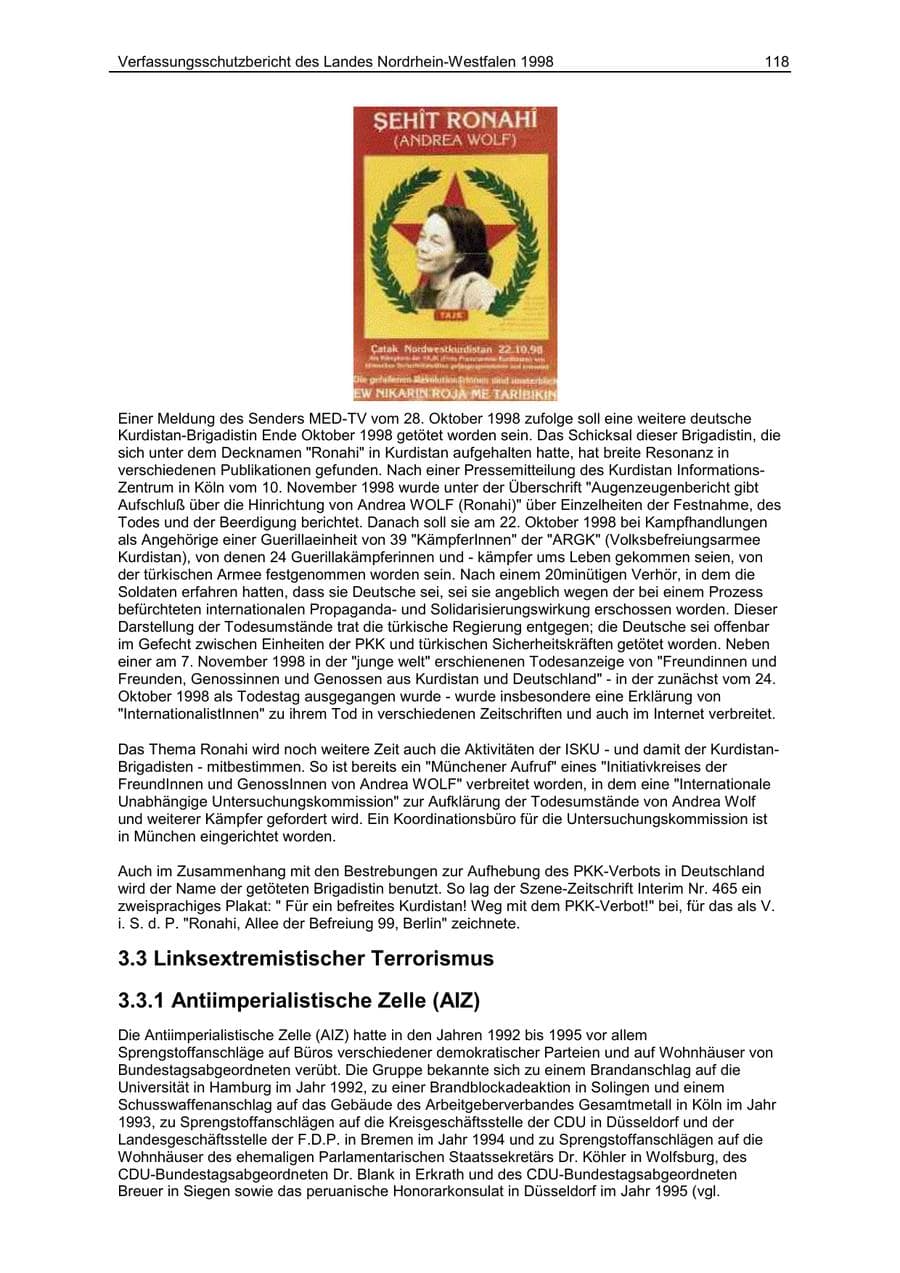 Seite 118 des Verfassungsschutzbericht 1998 Nordrhein-Westfalen