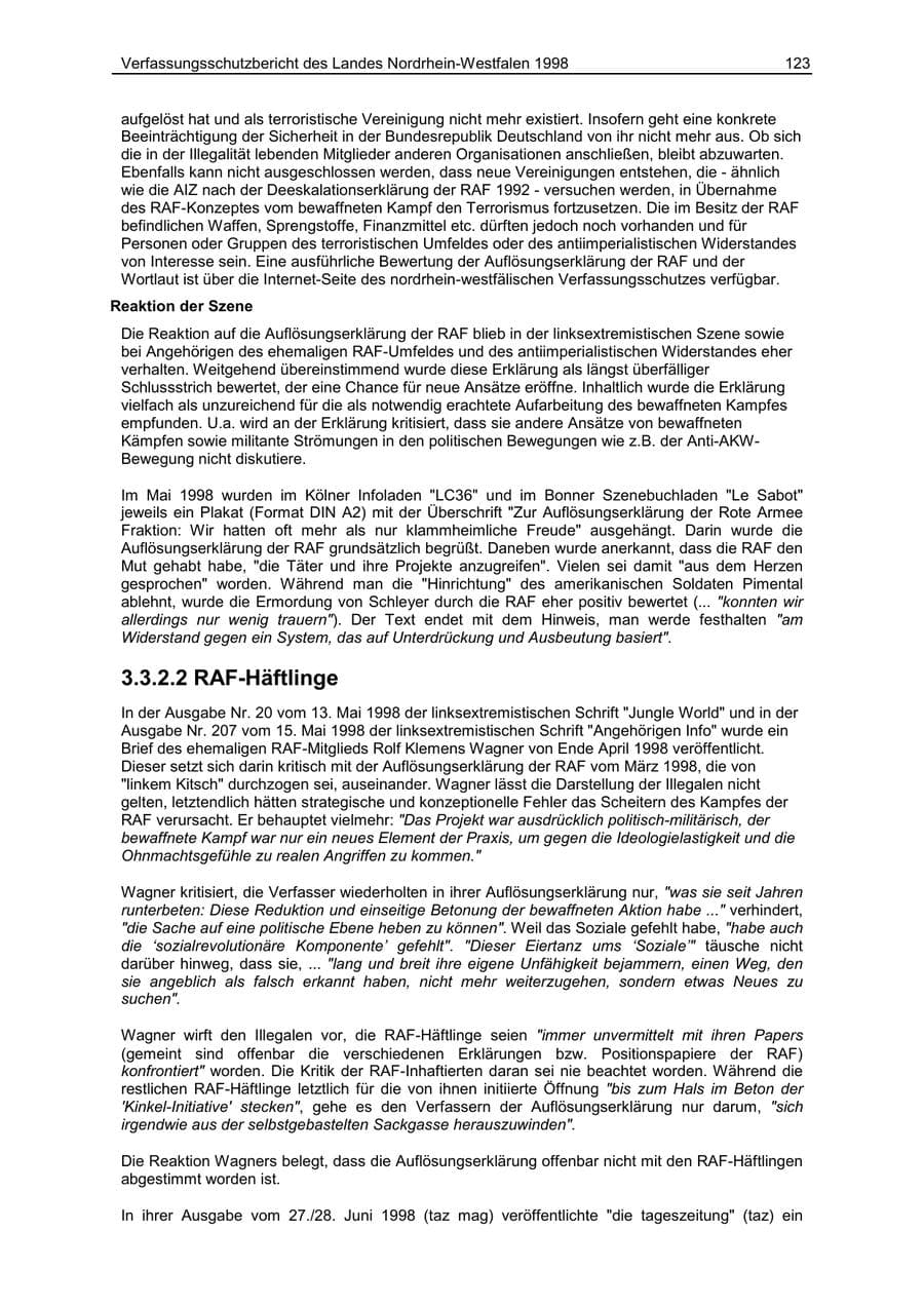 Seite 123 des Verfassungsschutzbericht 1998 Nordrhein-Westfalen