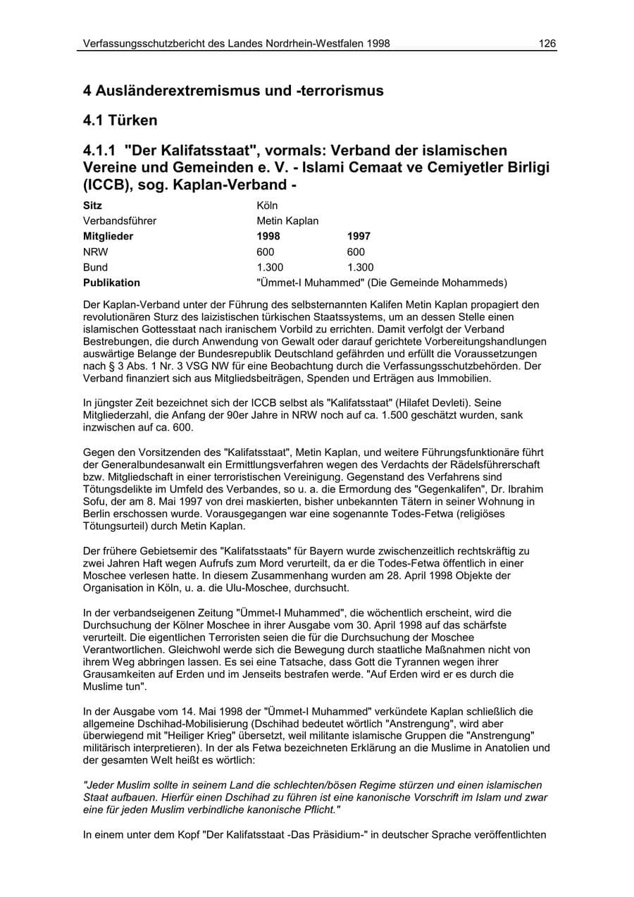 Seite 126 des Verfassungsschutzbericht 1998 Nordrhein-Westfalen