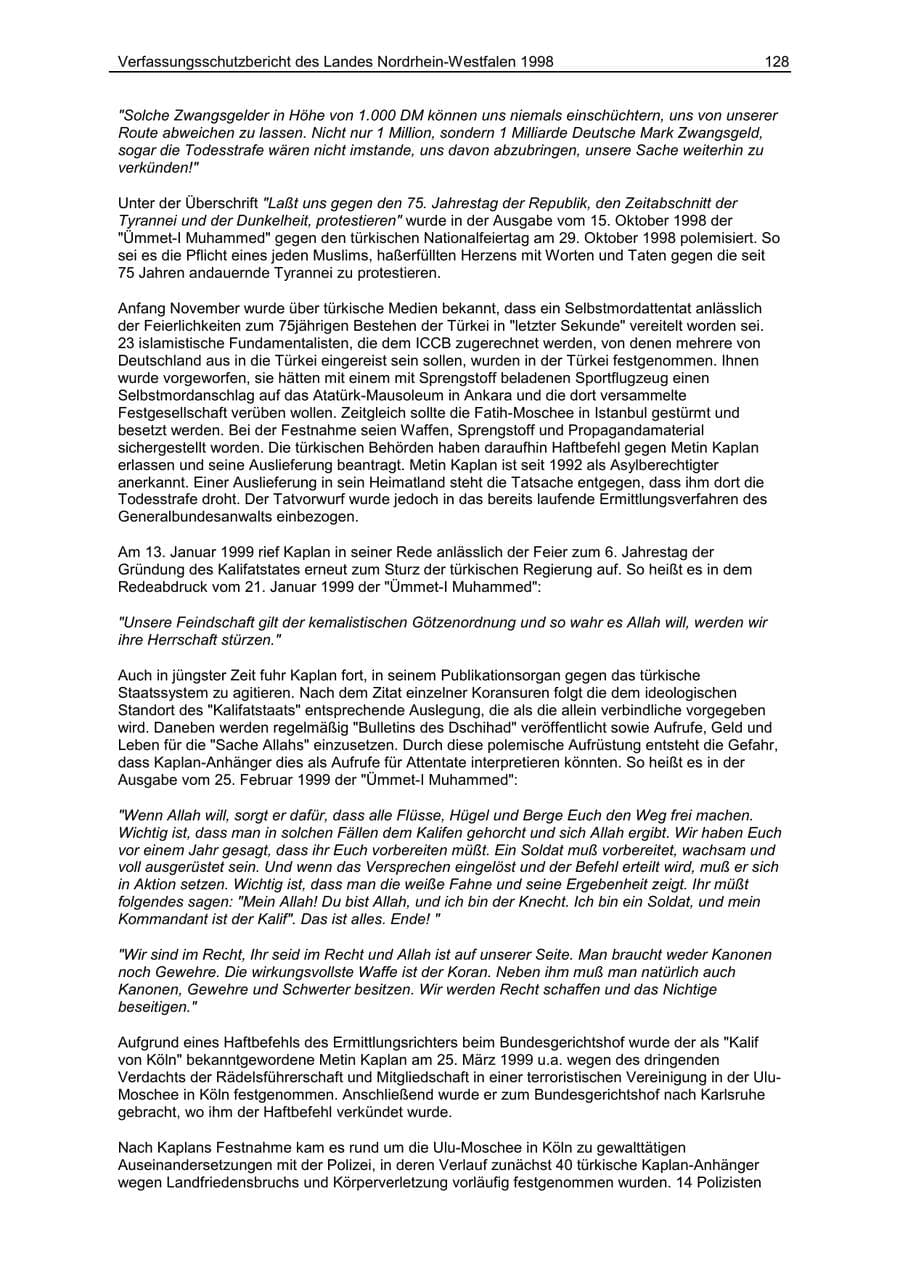 Seite 128 des Verfassungsschutzbericht 1998 Nordrhein-Westfalen