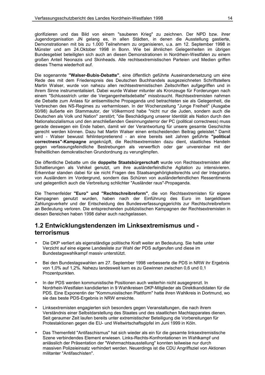 Seite 14 des Verfassungsschutzbericht 1998 Nordrhein-Westfalen