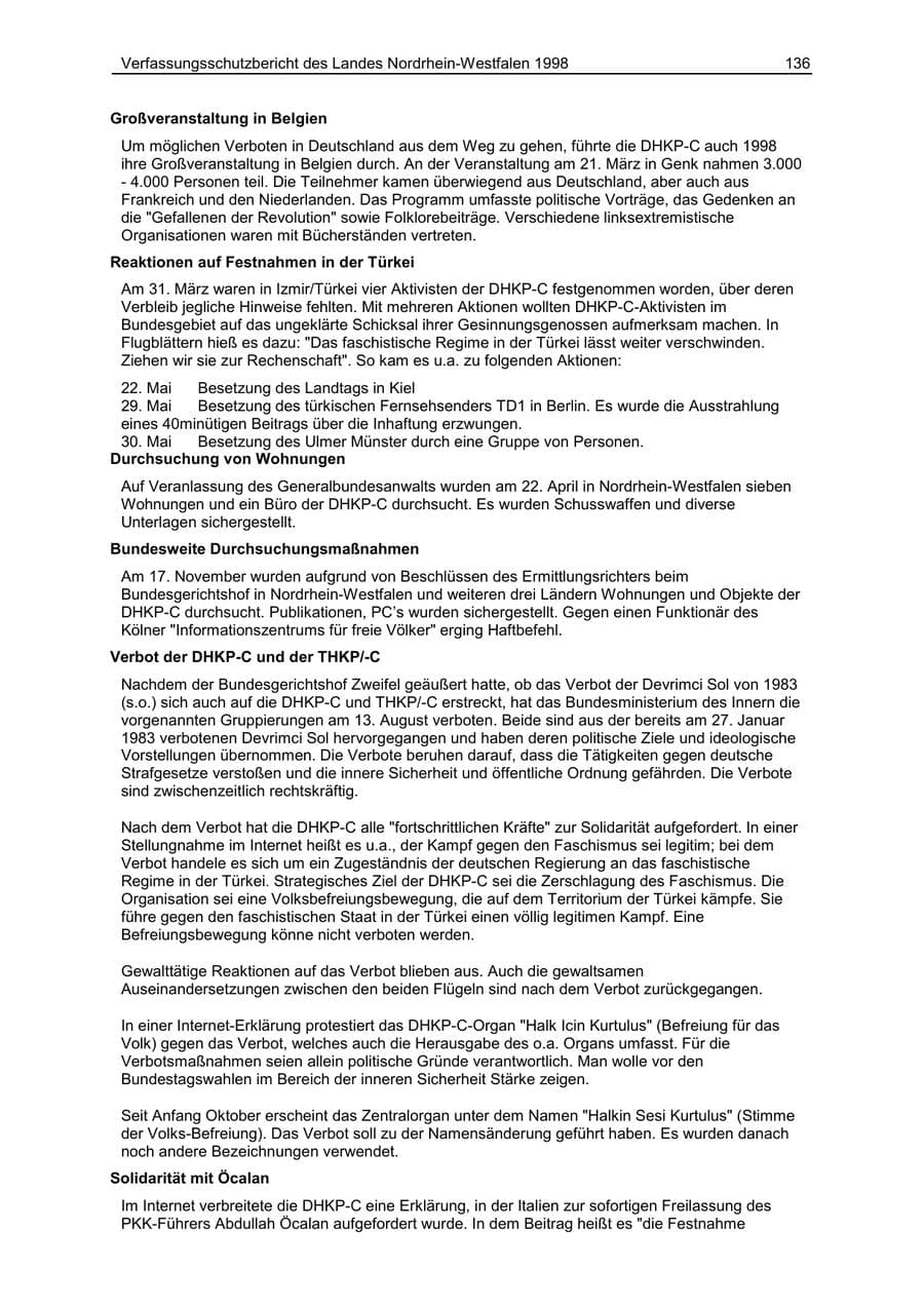 Seite 136 des Verfassungsschutzbericht 1998 Nordrhein-Westfalen