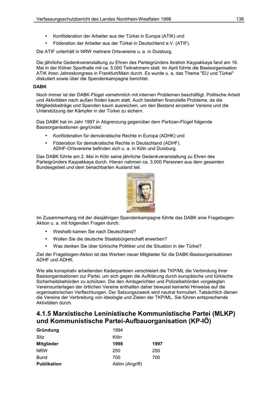 Seite 138 des Verfassungsschutzbericht 1998 Nordrhein-Westfalen