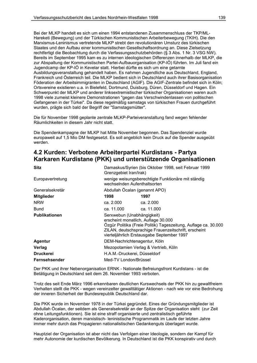 Seite 139 des Verfassungsschutzbericht 1998 Nordrhein-Westfalen