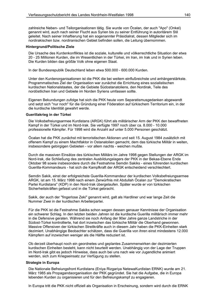 Seite 140 des Verfassungsschutzbericht 1998 Nordrhein-Westfalen