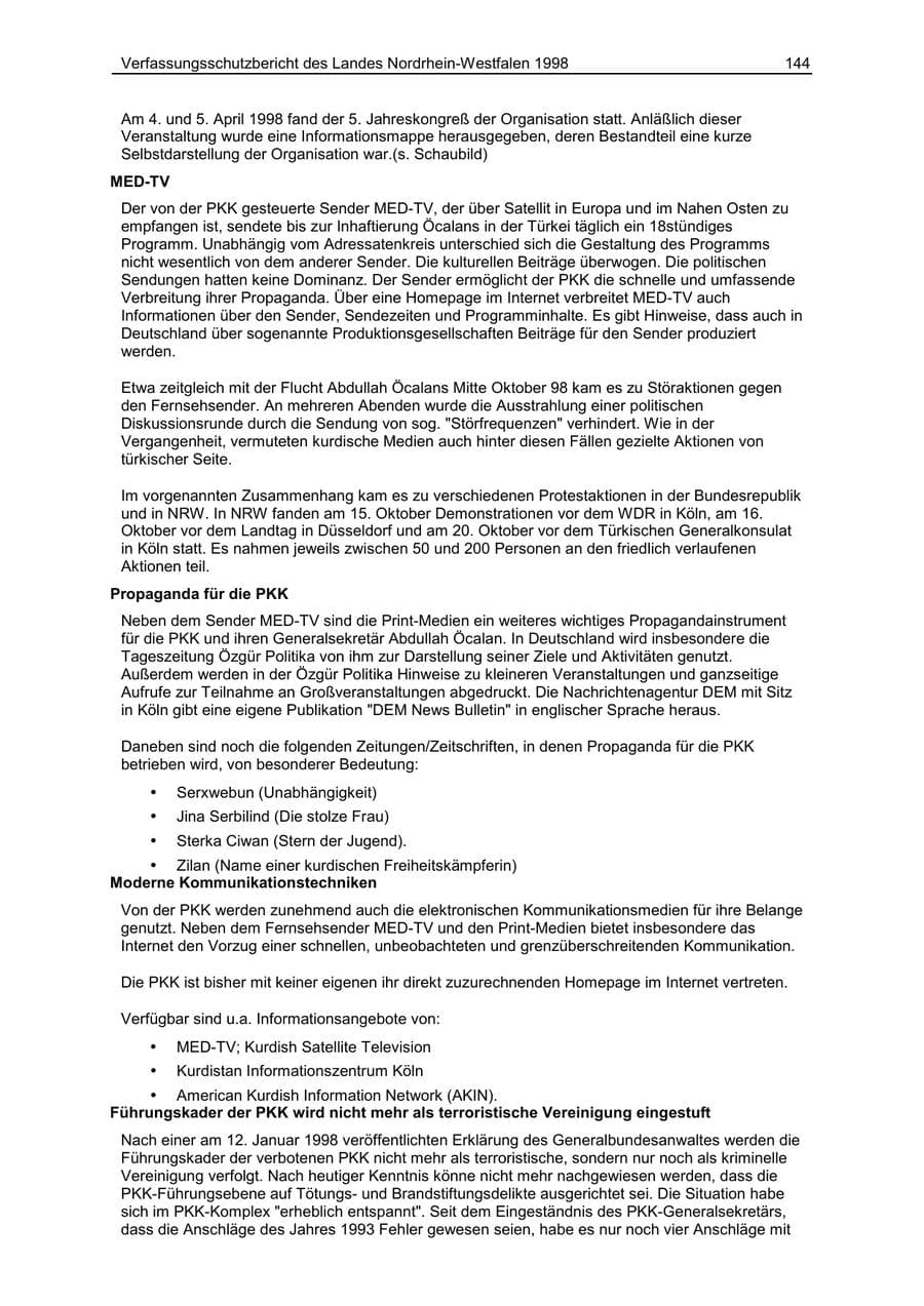 Seite 144 des Verfassungsschutzbericht 1998 Nordrhein-Westfalen