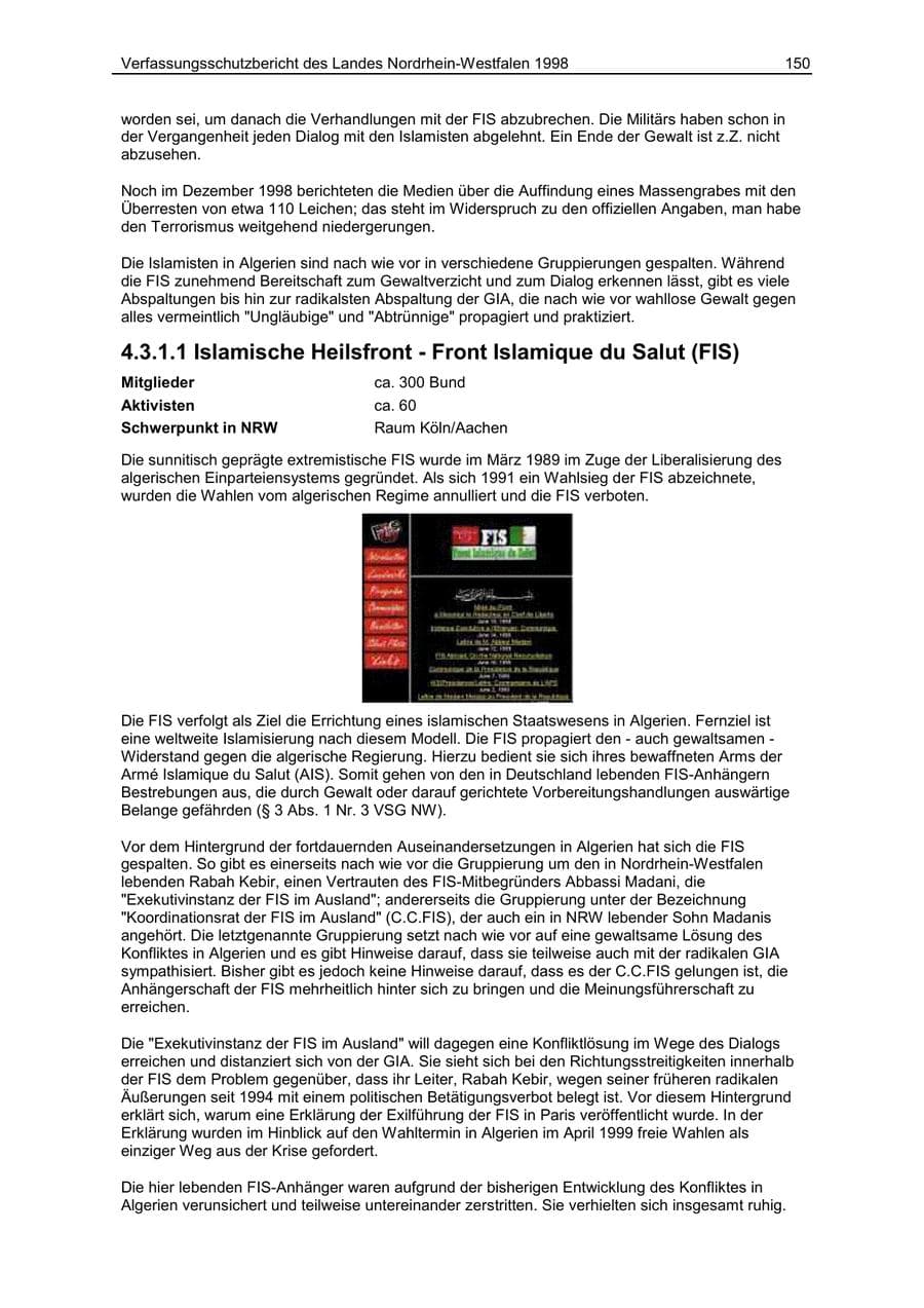 Seite 150 des Verfassungsschutzbericht 1998 Nordrhein-Westfalen