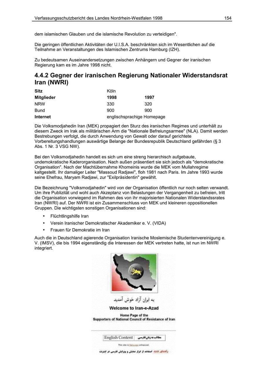 Seite 154 des Verfassungsschutzbericht 1998 Nordrhein-Westfalen
