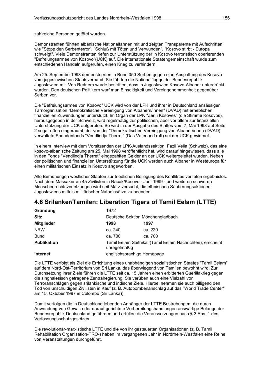 Seite 156 des Verfassungsschutzbericht 1998 Nordrhein-Westfalen