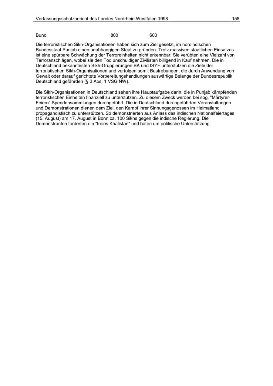 Seite 158 des Verfassungsschutzbericht 1998 Nordrhein-Westfalen