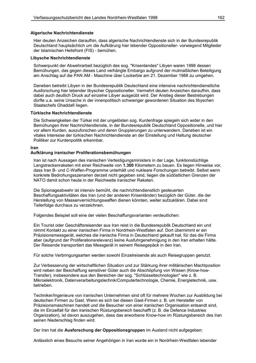 Seite 162 des Verfassungsschutzbericht 1998 Nordrhein-Westfalen