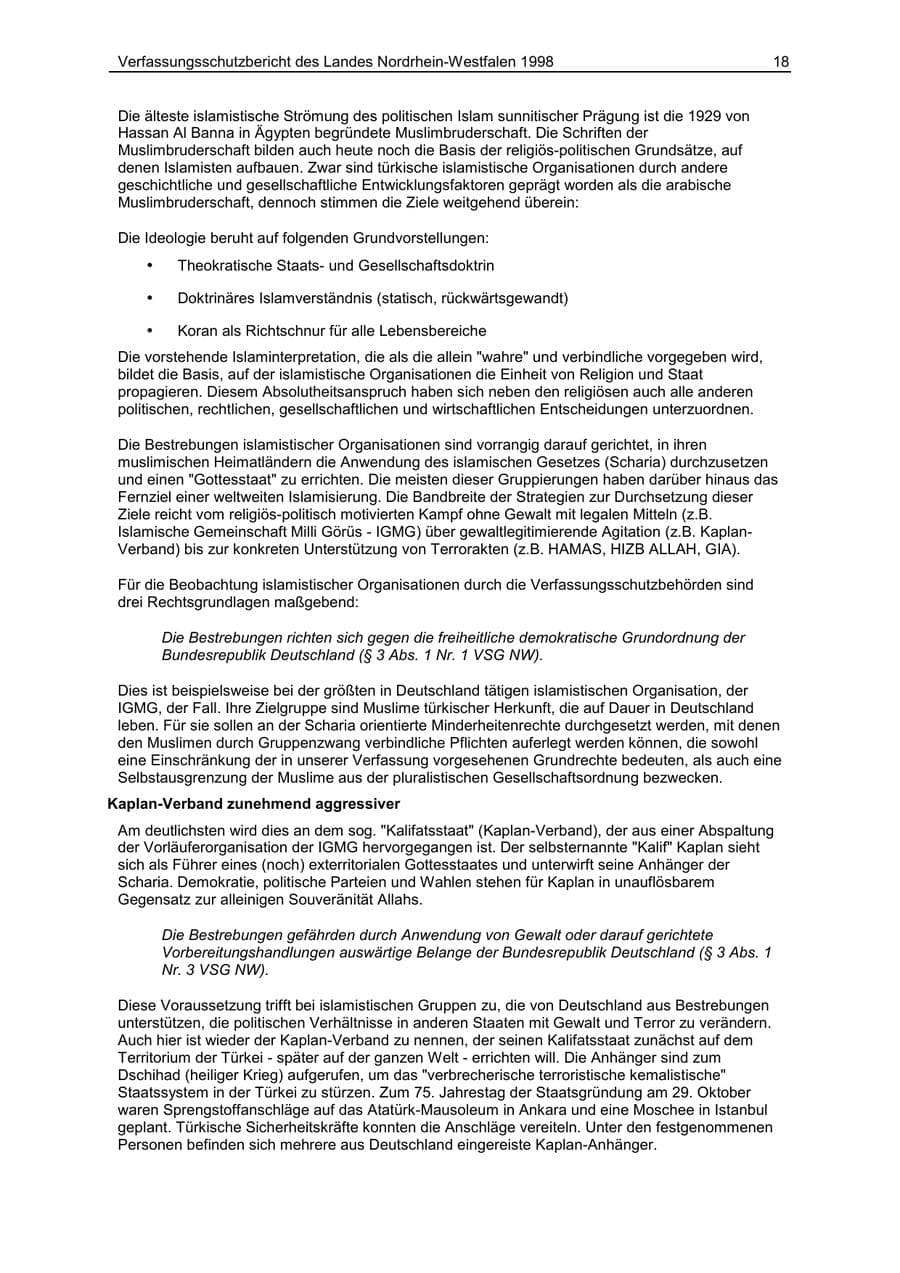 Seite 18 des Verfassungsschutzbericht 1998 Nordrhein-Westfalen