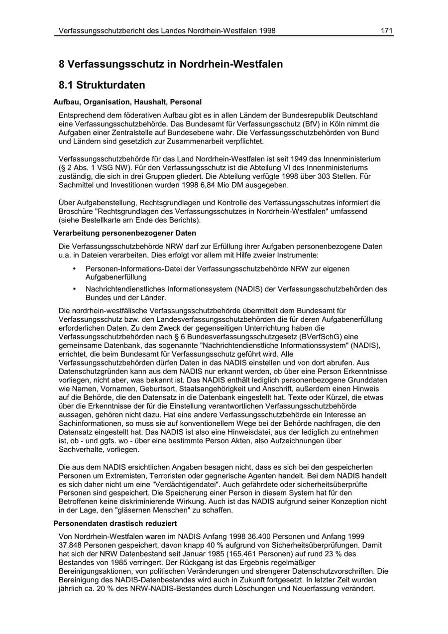 Seite 171 des Verfassungsschutzbericht 1998 Nordrhein-Westfalen