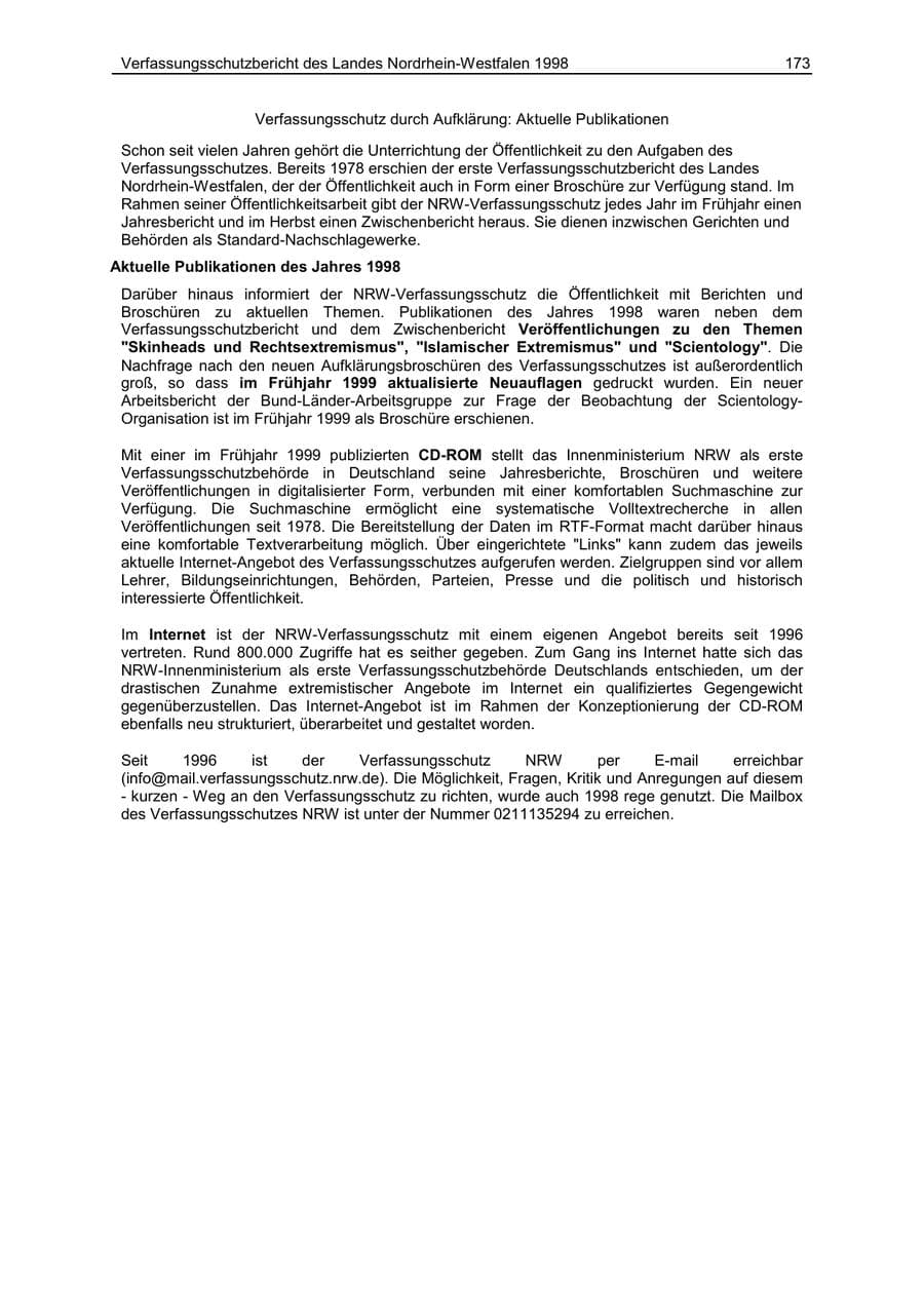 Seite 173 des Verfassungsschutzbericht 1998 Nordrhein-Westfalen