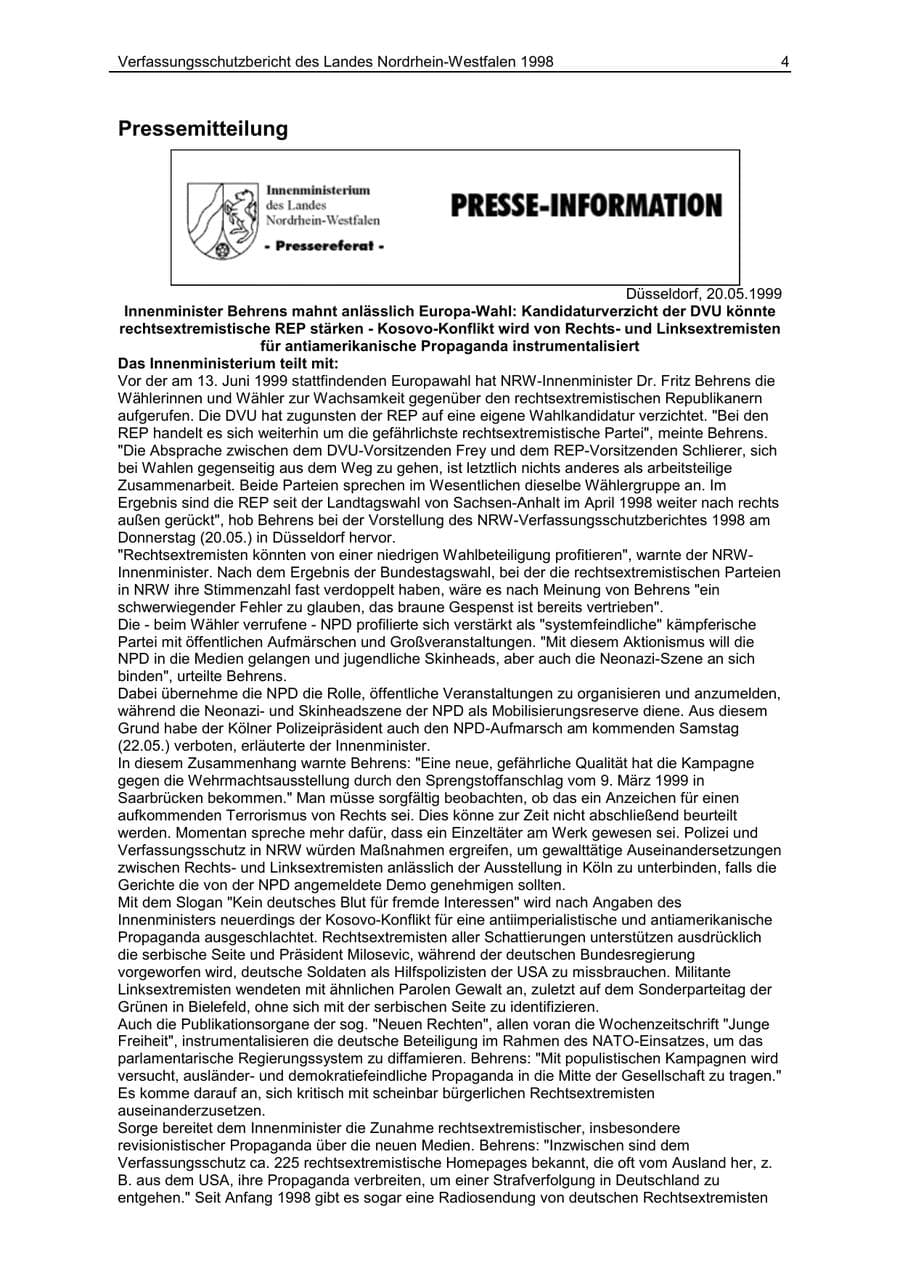 Seite 4 des Verfassungsschutzbericht 1998 Nordrhein-Westfalen