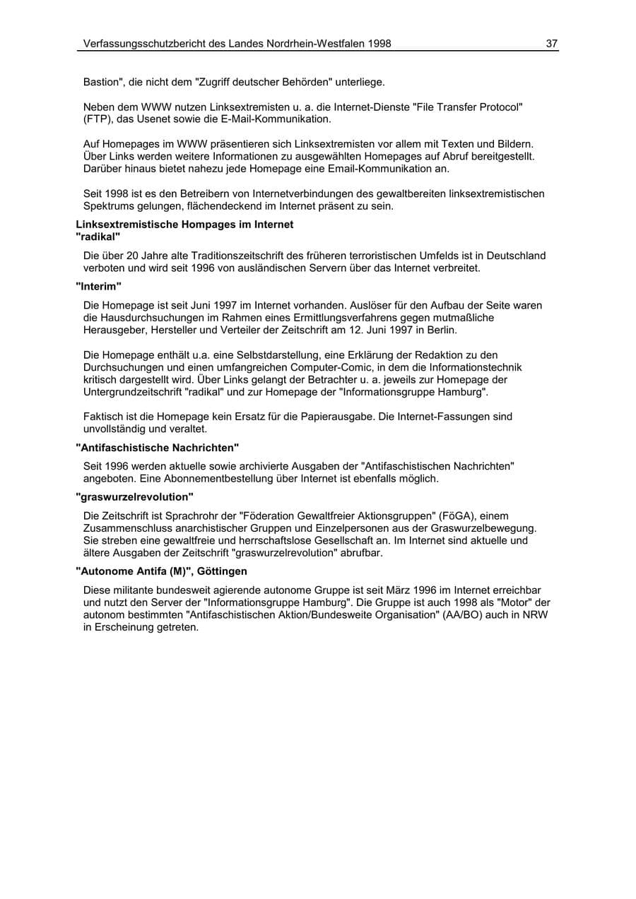 Seite 37 des Verfassungsschutzbericht 1998 Nordrhein-Westfalen