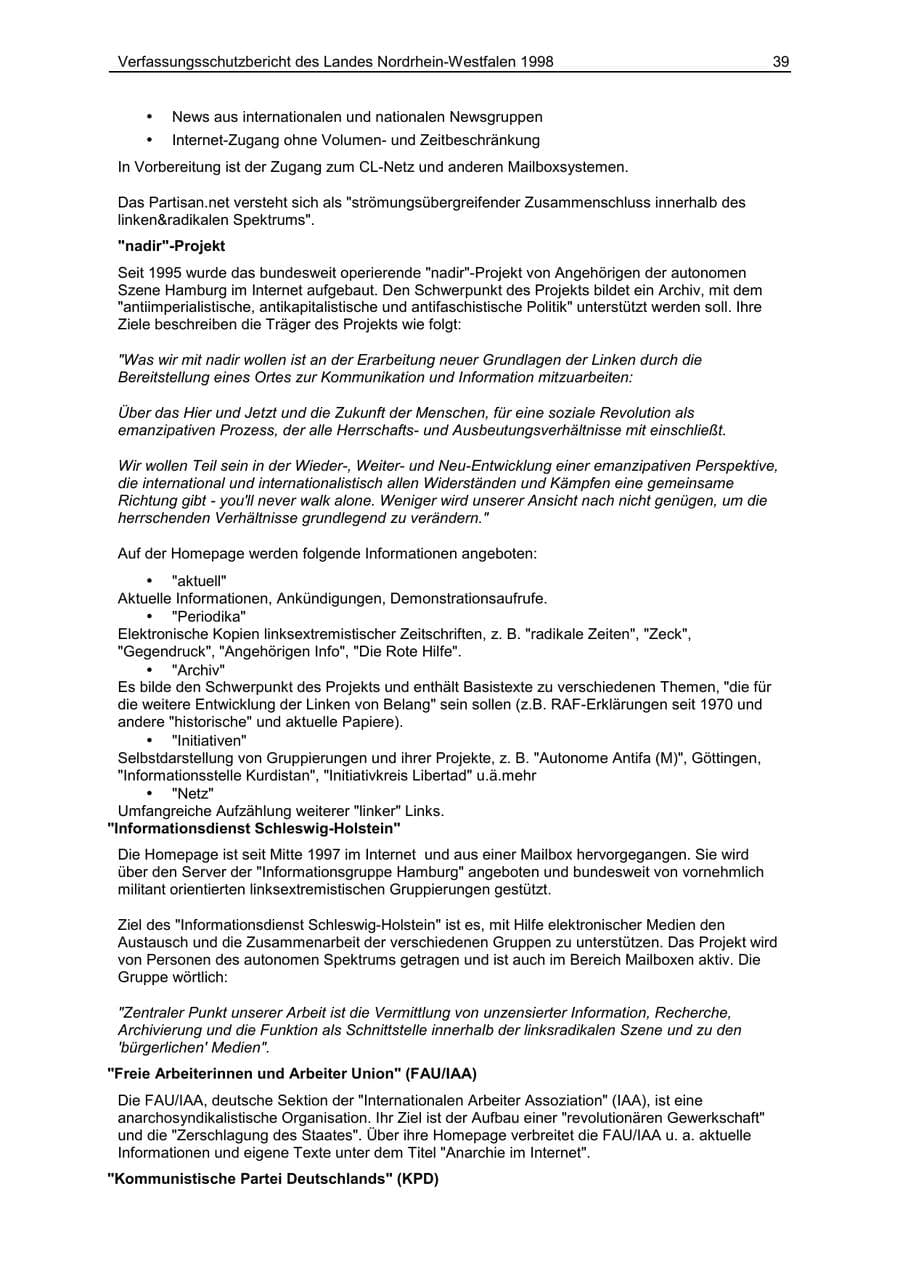 Seite 39 des Verfassungsschutzbericht 1998 Nordrhein-Westfalen