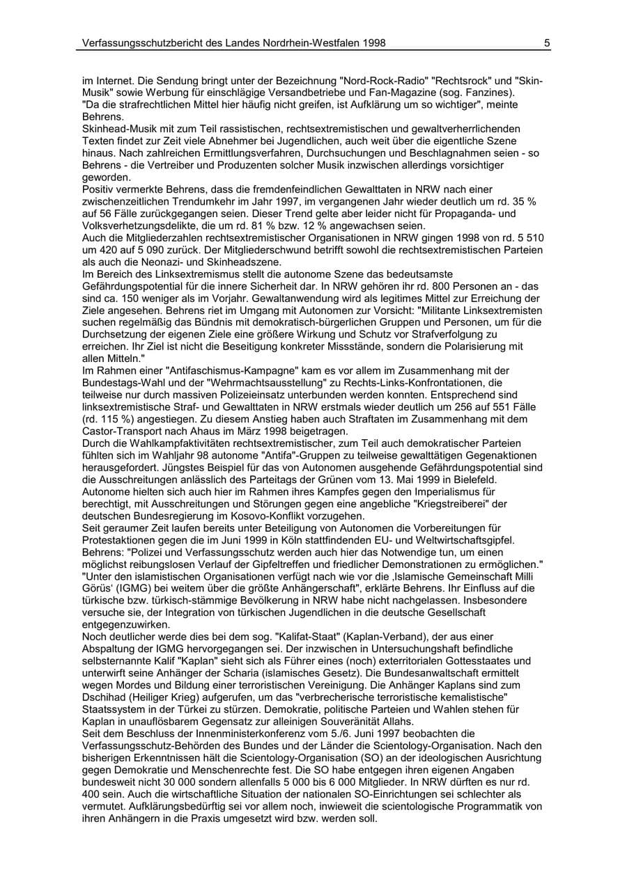 Seite 5 des Verfassungsschutzbericht 1998 Nordrhein-Westfalen