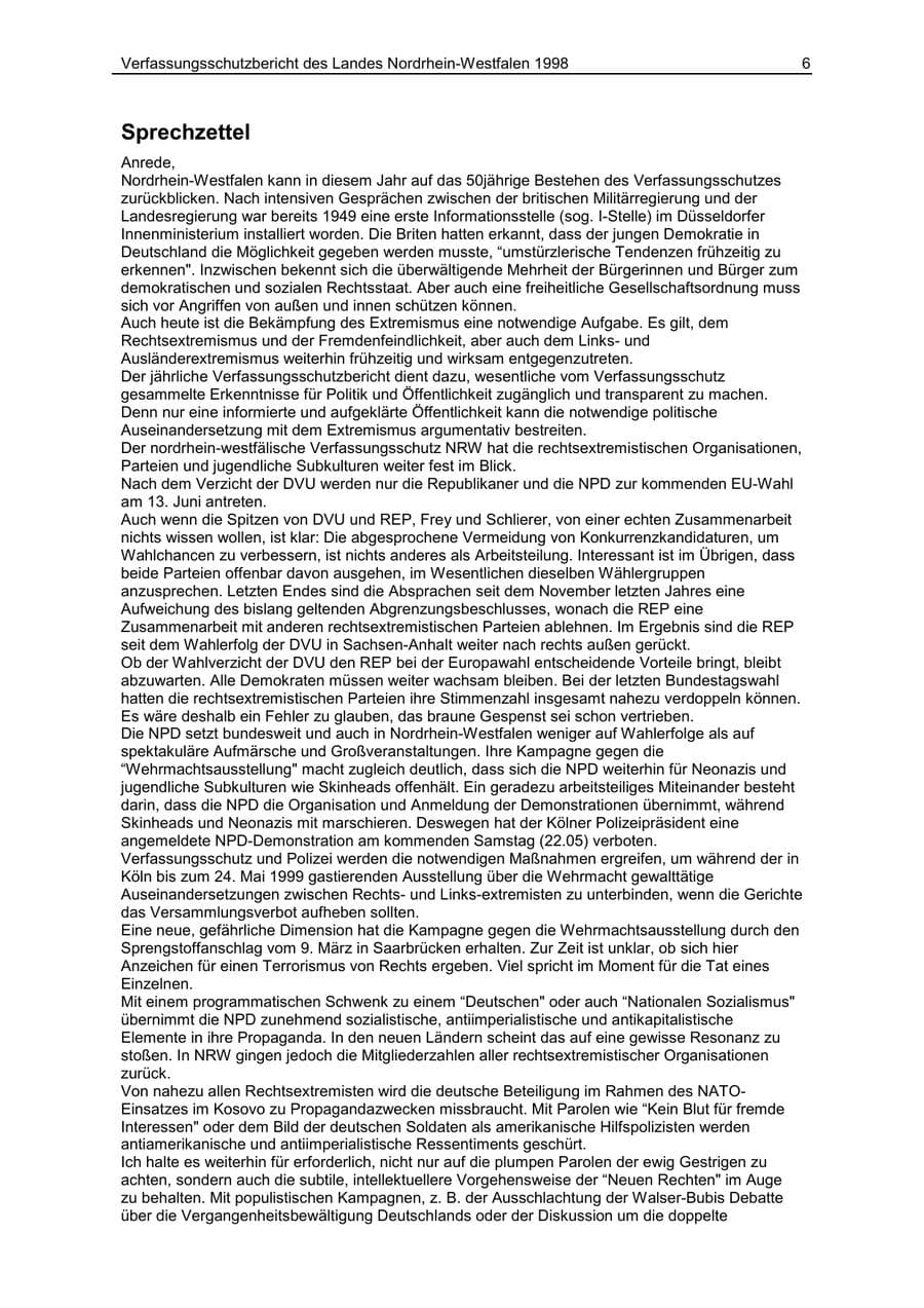 Seite 6 des Verfassungsschutzbericht 1998 Nordrhein-Westfalen