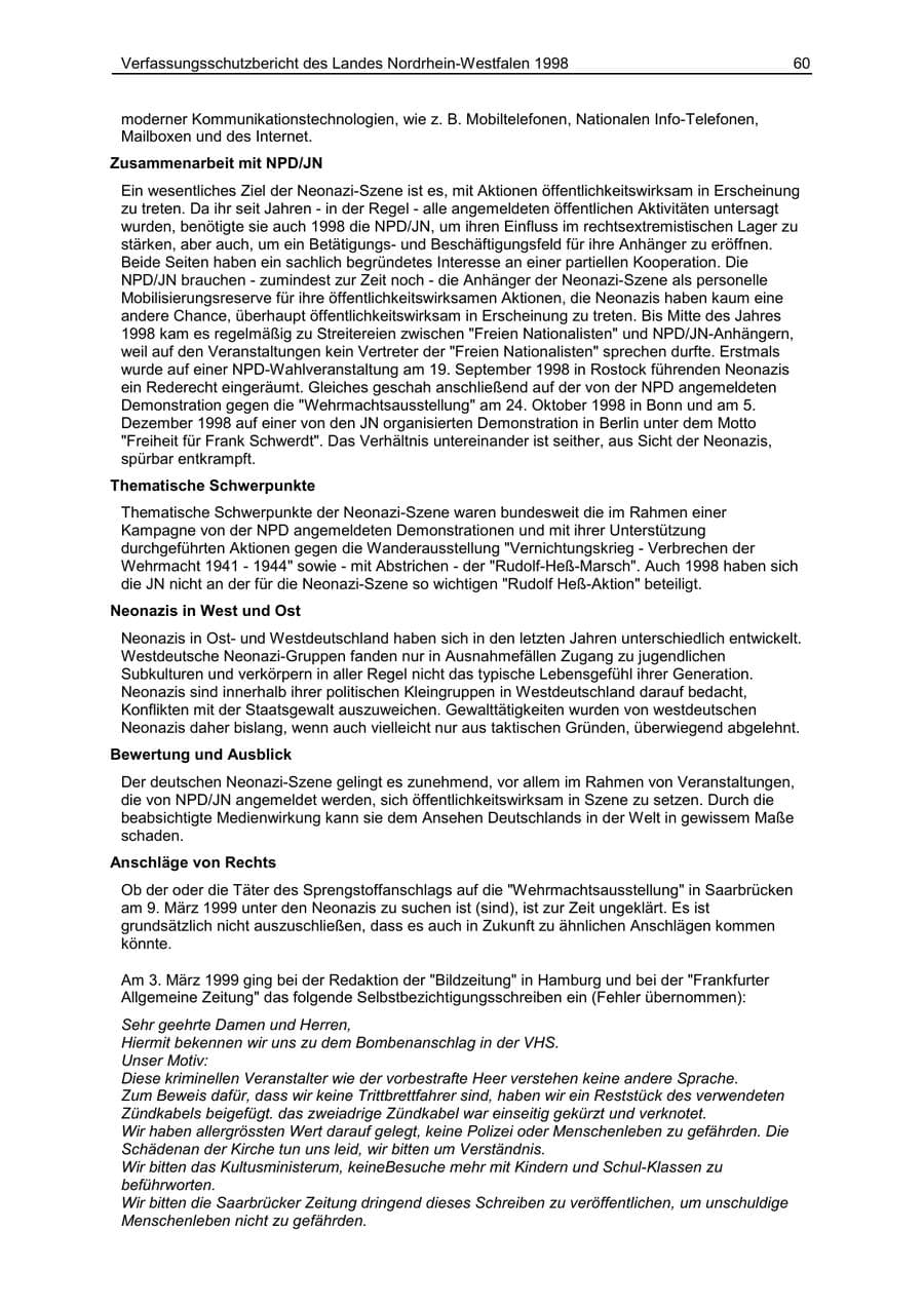 Seite 60 des Verfassungsschutzbericht 1998 Nordrhein-Westfalen
