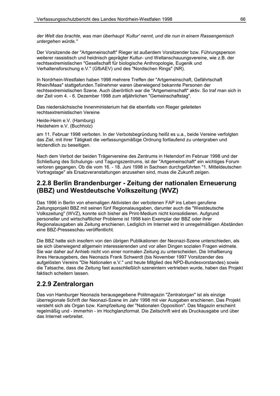 Seite 66 des Verfassungsschutzbericht 1998 Nordrhein-Westfalen