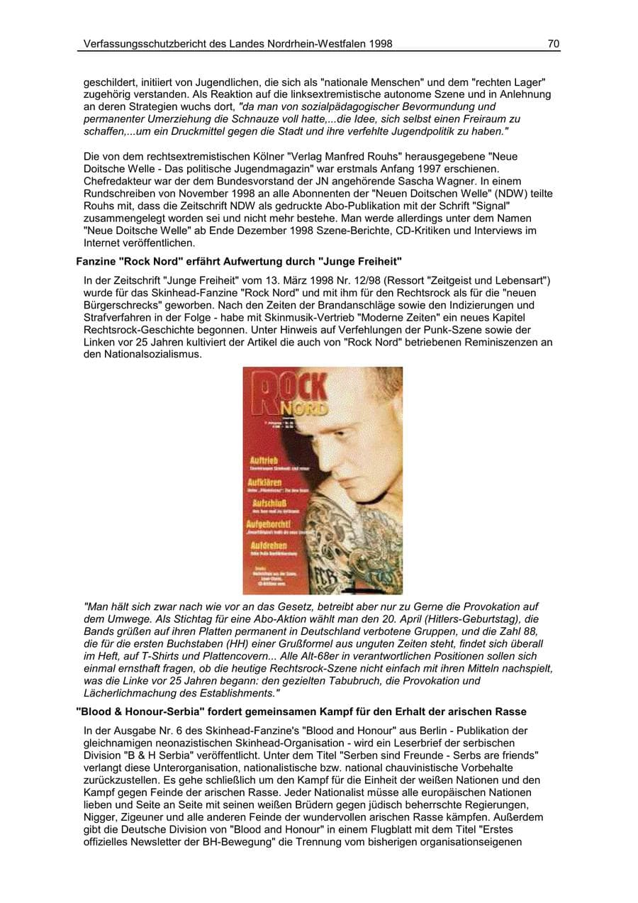 Seite 70 des Verfassungsschutzbericht 1998 Nordrhein-Westfalen