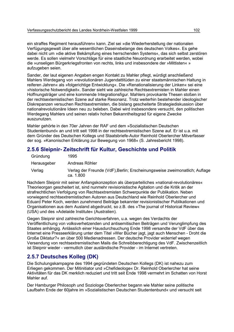 Seite 102 des Verfassungsschutzbericht 1999 Nordrhein-Westfalen