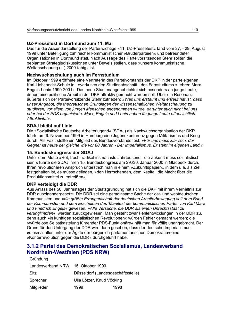 Seite 110 des Verfassungsschutzbericht 1999 Nordrhein-Westfalen
