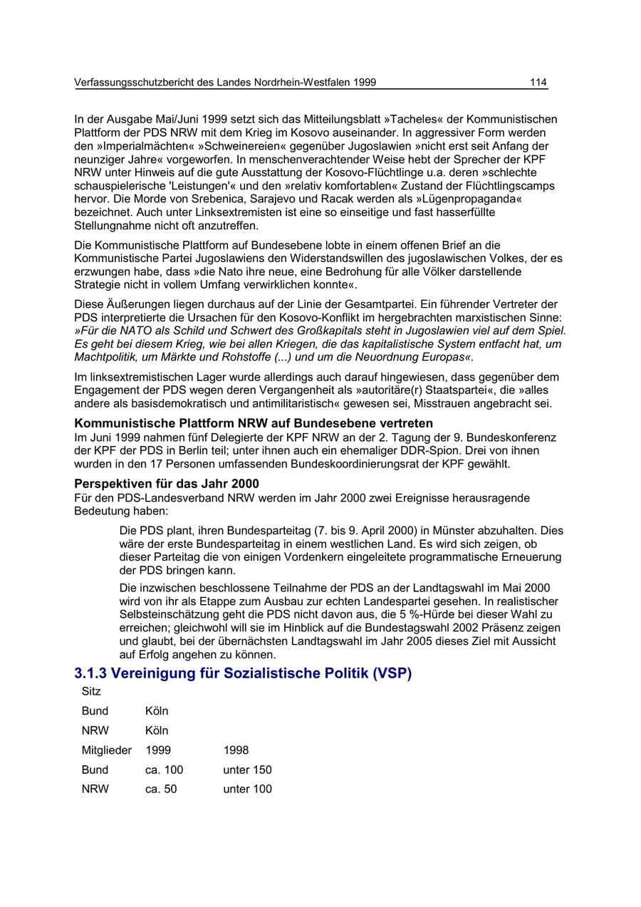 Seite 114 des Verfassungsschutzbericht 1999 Nordrhein-Westfalen