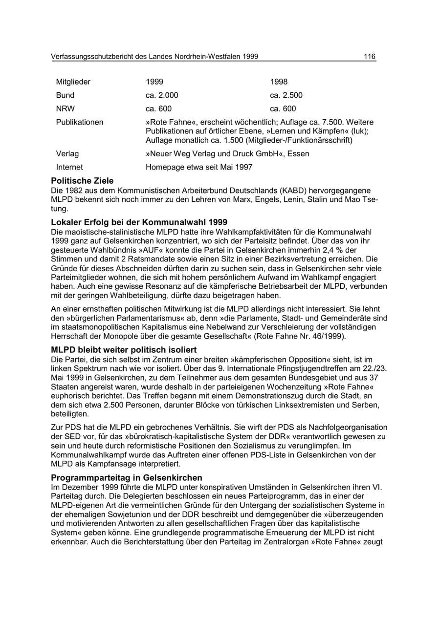 Seite 116 des Verfassungsschutzbericht 1999 Nordrhein-Westfalen