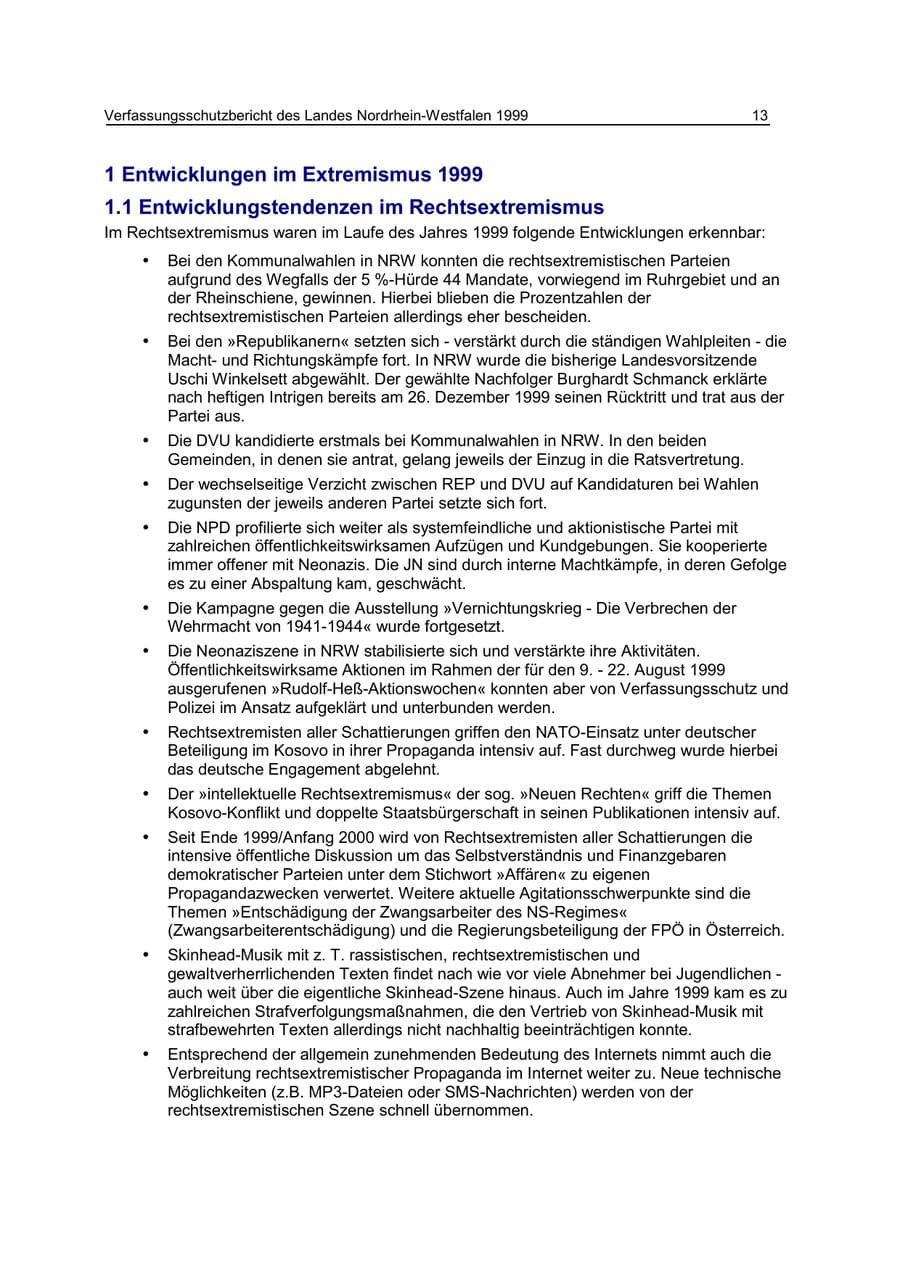 Seite 13 des Verfassungsschutzbericht 1999 Nordrhein-Westfalen