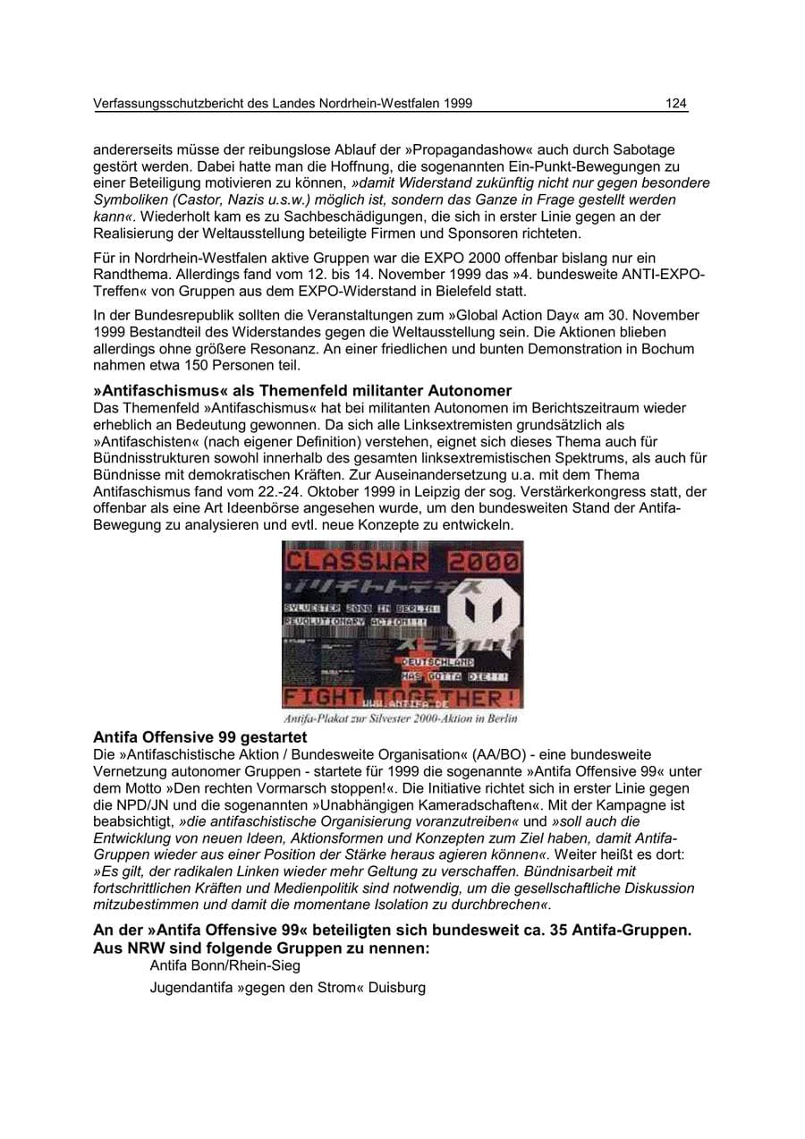 Seite 124 des Verfassungsschutzbericht 1999 Nordrhein-Westfalen