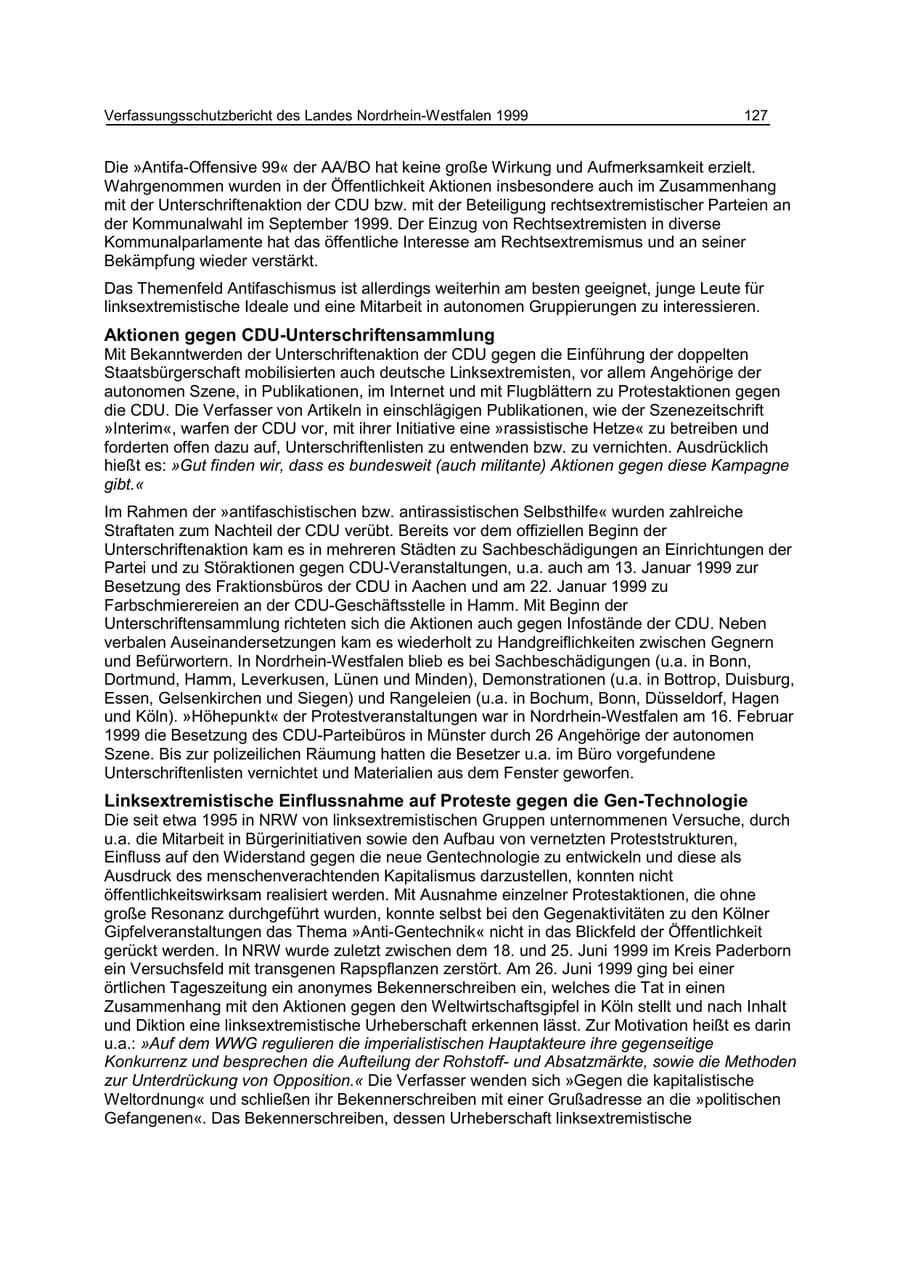 Seite 127 des Verfassungsschutzbericht 1999 Nordrhein-Westfalen