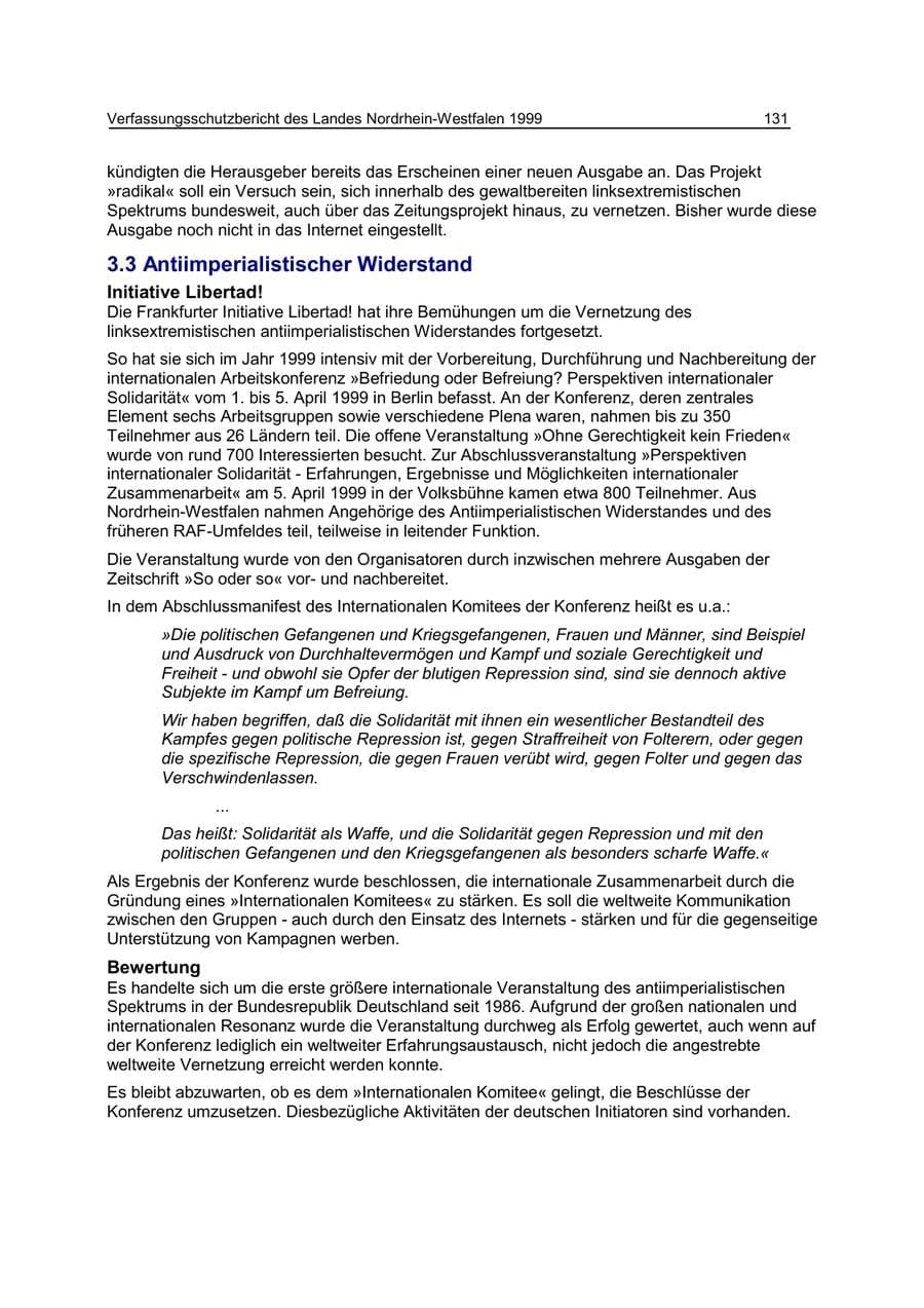 Seite 131 des Verfassungsschutzbericht 1999 Nordrhein-Westfalen